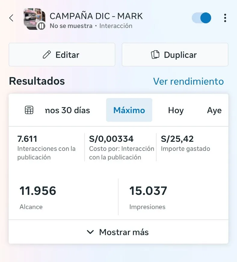 Captura de resultados en Meta Ads: campaña de alcance