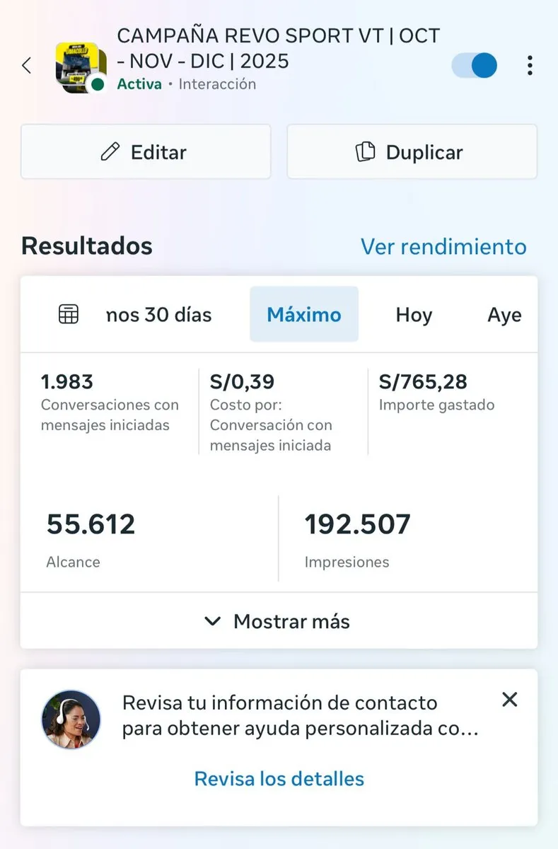 Captura de resultados en Meta Ads: campaña de leads
