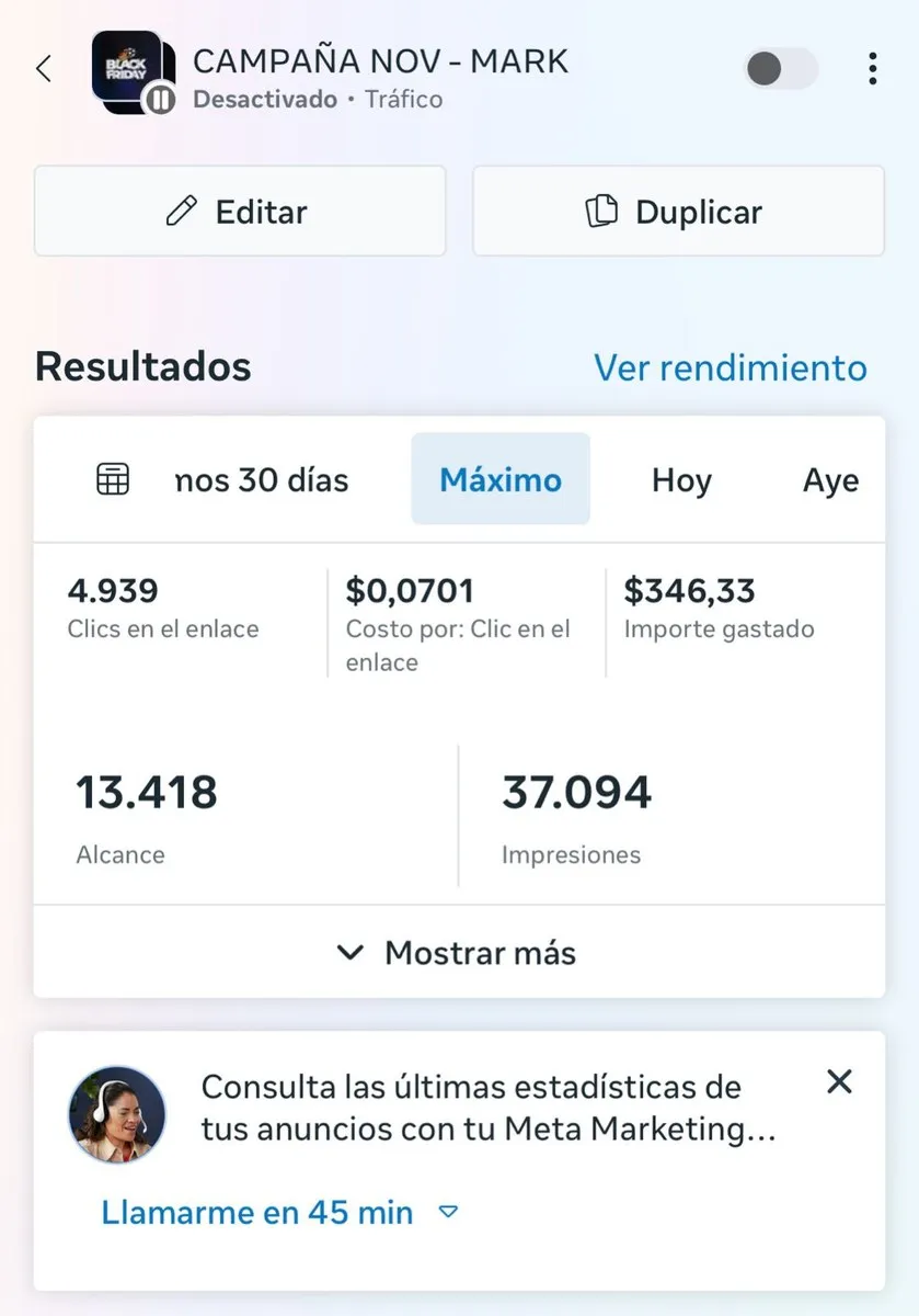Captura de resultados en Meta Ads: campaña de tráfico web