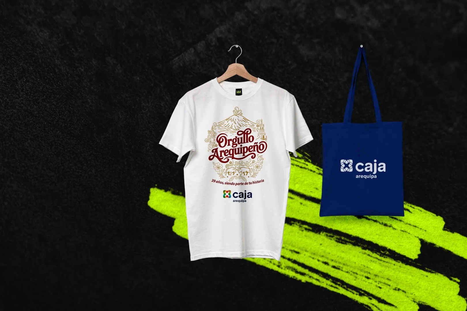Polos y bolsas notex estampadas para Caja Arequipa
